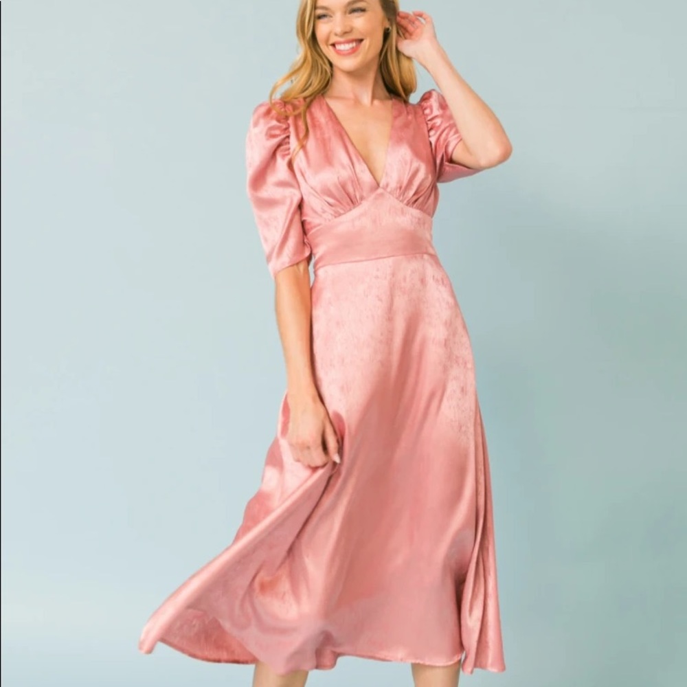 Satin Puff Sleeve Midi Dress